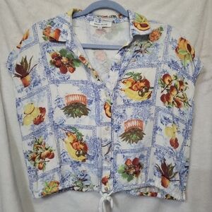 Rose + Olive Crop Top Blouse Fruit Succulent Tie Waist Size M